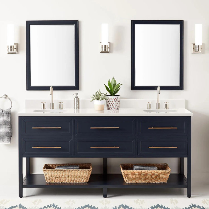 72" Robertson Double Bathroom Vanity Set with Oval Undermount Sinks, Midnight Navy Blue, Arctic White Quartz, 8" Widespread