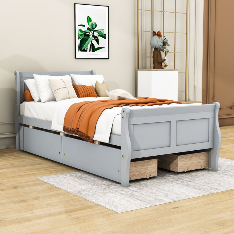 Lit plateforme 4 tiroirs avec tête de lit et pied de lit, Lit simple, Gris