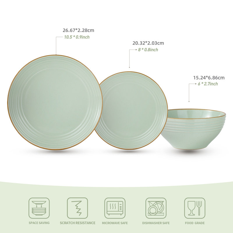 Stoneware Dinnerware Set 12 Piece - Service for 4, Light Green