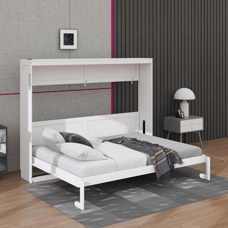 Lit escamotable avec motif imprimé tendance, éclairage DEL sous le lit et prise USB intégrée, lit mural peu encombrant, Queen