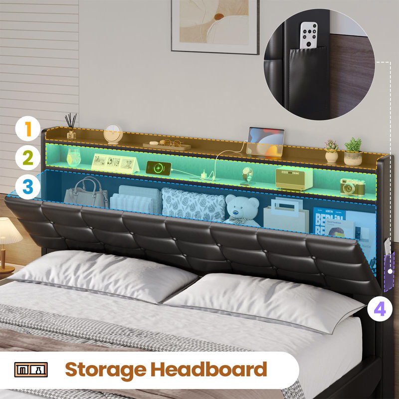 Lift Up Storage Bed Frame With Charging Station And Hidden Storage Headboard, Led Lights Upholstered Platform Bed With Hydraulic Storage,