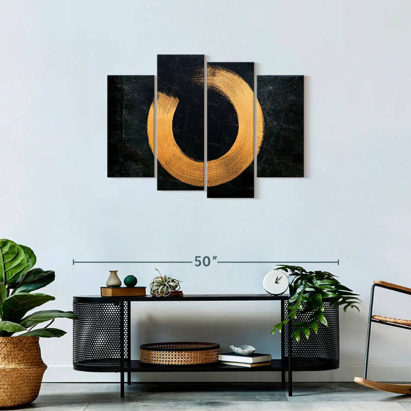 «Buddhist Symbols Golden Zen Circle on Canvas», reproduction de 4 pièces, H 27 po x l 43 po x P 1 po