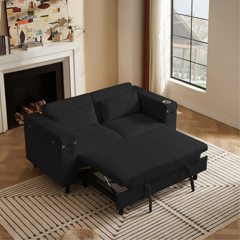 Canapé en chenille noir avec table d'appoint et port USB, Noir