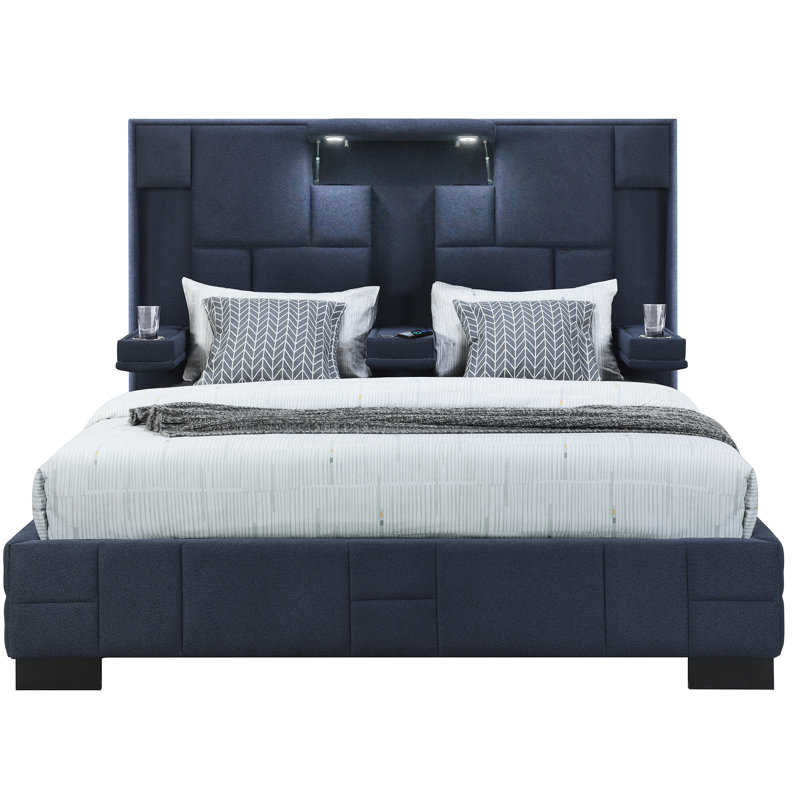 Très grand lit en bleu marine, style moderne, pliable, charge sans fil centrale et haut-parleurs encastrés avec panneau bleu contemporain et lampes de lecture à DEL