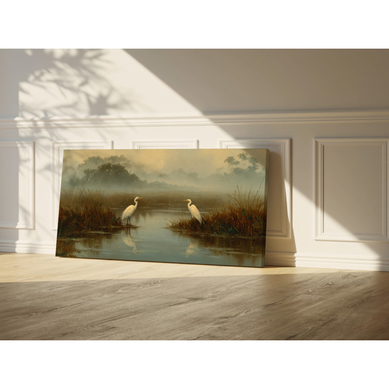 «Two Herons Marsh Landscape», tapisserie murale, oiseau sauvage, toile, art mural, décor de nature rustique