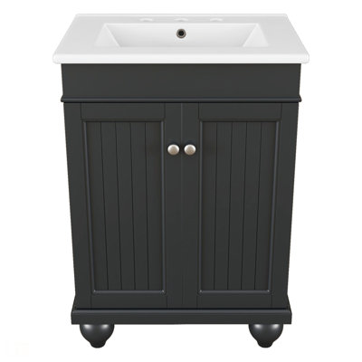 Lavabo de salle de bain moderne élégant en céramique 24 po avec cadre en bois massif, tablette réglable et meuble-lavabo moderne 24 po
