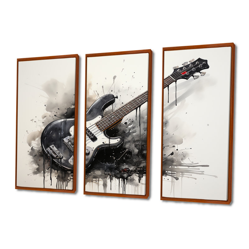 «Brown Charcoal Guitare Vibations II», art mural musique, H 32 po x l 48 po, Cadre flottant brun