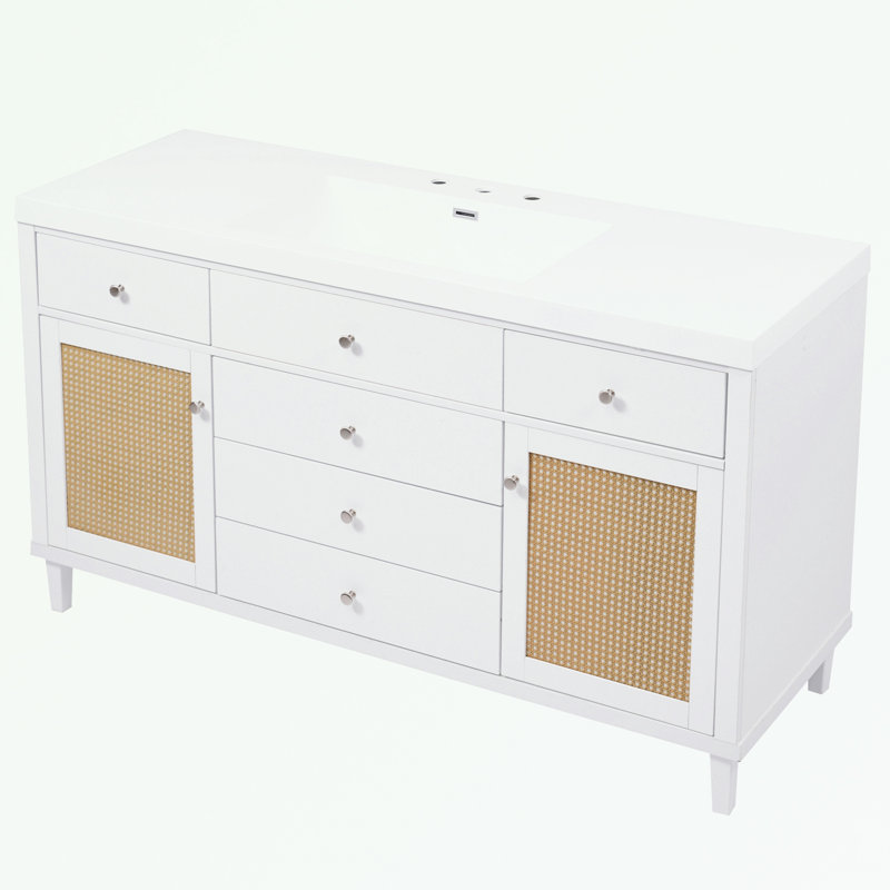Bathroom Vanity with Sink, Soft Close Drawers, Rattan Doors and Metal Knobs, White