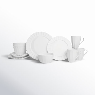 Fitz and Floyd Nevaeh White Fluted 16-Piece Chip-Resistant Bone China Dinnerware Set, Service for 4