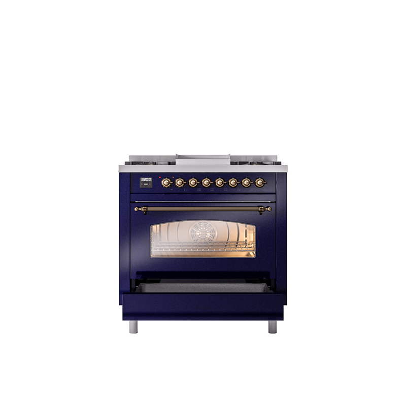 ILVE Nostalgie II 36 Dual Fuel Range, knobs, Midnight Blue/Bronze, Liquid Propane