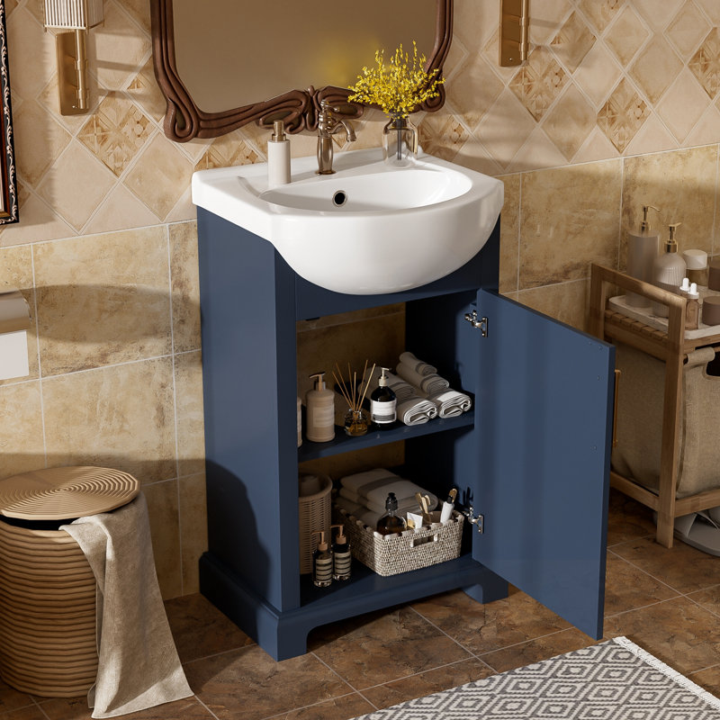Meuble-lavabo de salle de bain avec lavabo en céramique et poignée en métal, Bleu