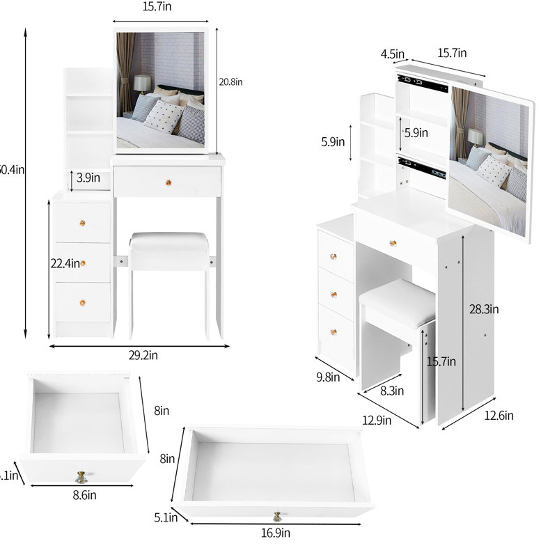 Petit meuble-lavabo à gauche avec siège rembourré, grand miroir coulissant, commode de rangement multi-couches, grande capacité, armoire en matériau blanc pour les pièces, siège rembourré et multi-couches supplémentaire