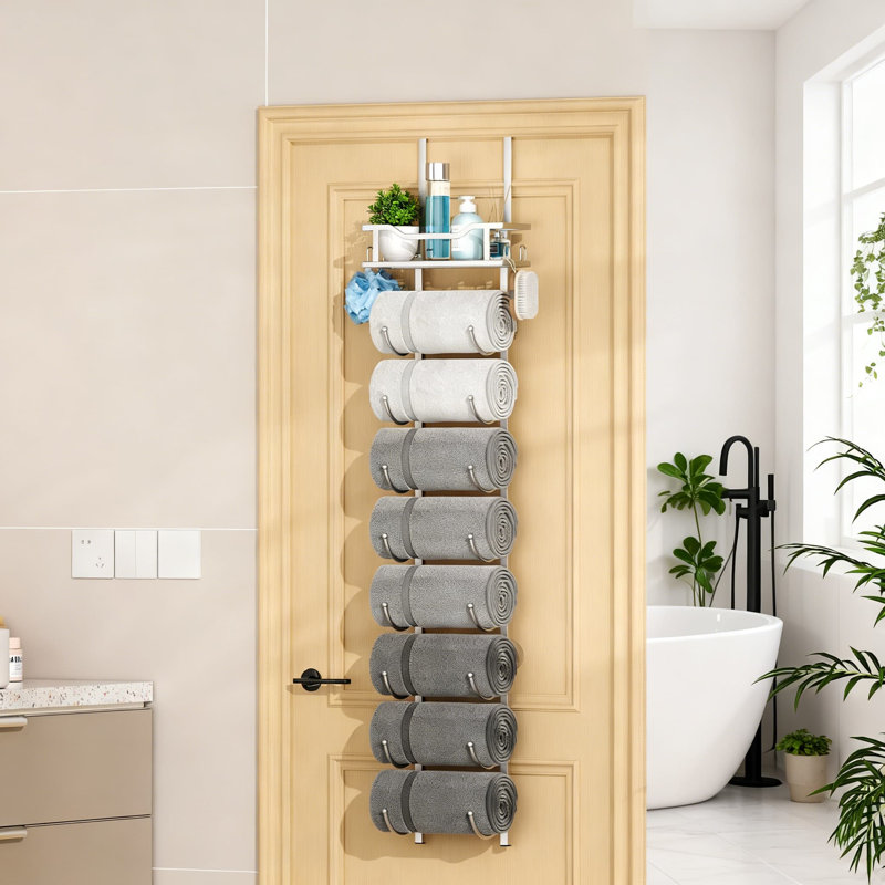Porte-serviettes à 9 niveaux au-dessus de la porte avec tablette, organisateur de rangement à serviettes suspendu pour fixation murale ou suspendue à la porte, solution peu encombrante pour petite salle de bain, appartement, camping-car et véhicule récréatif