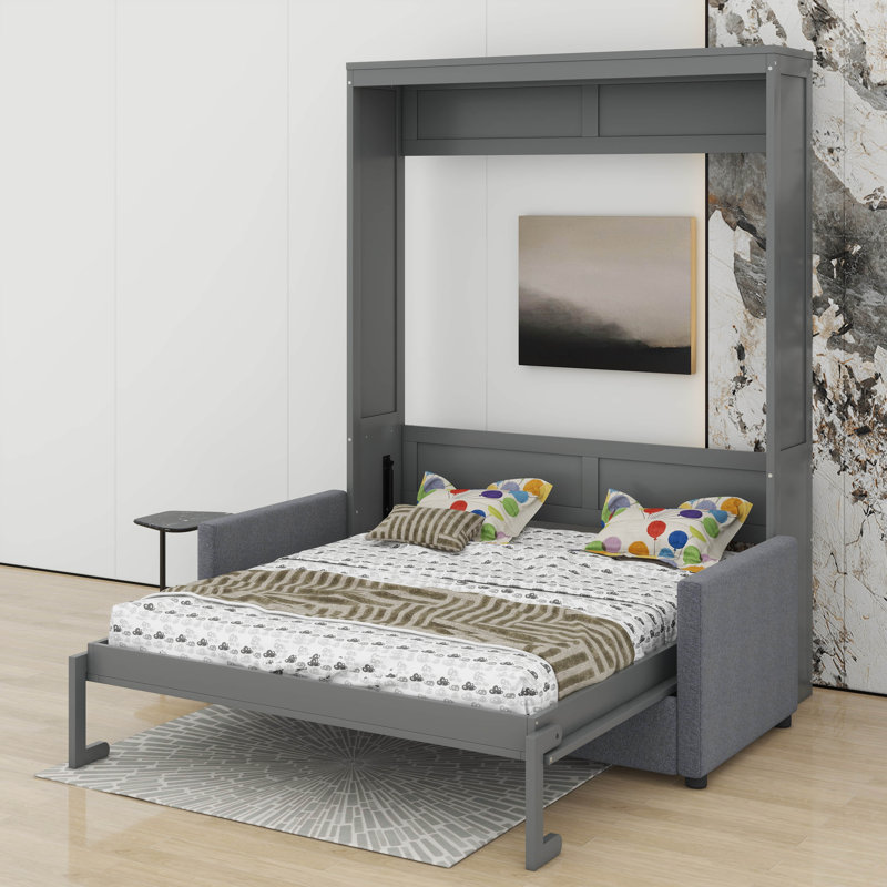 Lit escamotable double pleine grandeur avec coussin, gris