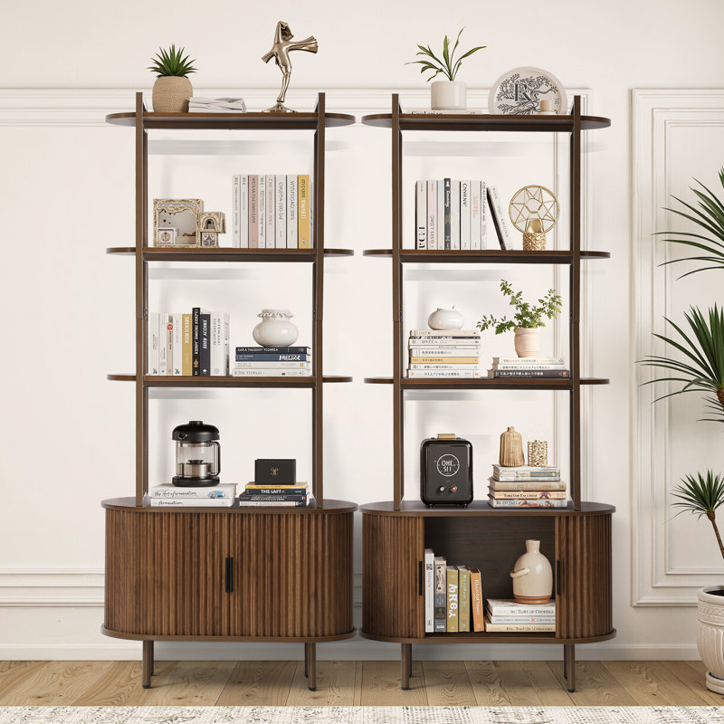 Bookshelf, 71" Tall Bookcase W/Storage Cabinet, Book Shelves Stand W/Fluted Sliding Doors, 4-Tier Open Display Shelf Organizer For For Bedroom Living Room Home Office Bathroom, Brown