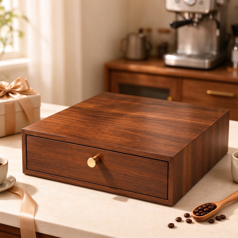 Acacia Wood Coffee Pod Drawer Organizer for Kitchen and Office Coffee Station, Under Brewer Storage with Copper Handle