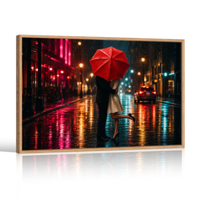 Couple Under Red Umbrella In Rainy City Street At Night Canvas Wall Art