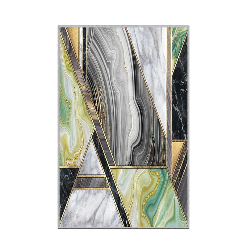 Tapis géométrique tissé à plat en polyester gris / vert Maxine, Tapis de couloir 3 pi 3 po x 6 pi 7 po