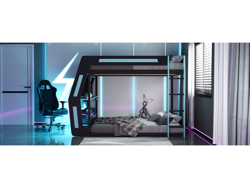 Lit superposé double pleine grandeur avec bureau RVB surdimensionné monté sur le côté, ports de charge USB et œillet à câble, bande lumineuse à DEL, structure Loft Esports robuste - bleu froid