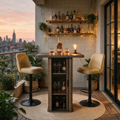 27.6" Square Bar Table, Wooden Cocktail Table with 3-Tier Hidden Storage and Sliding Doors