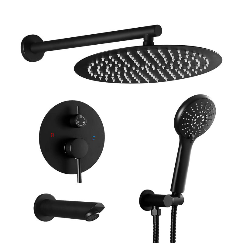 HGN 10 Inches Bathroom Rain Shower Combo Set Wall Mounted Rainfall with Tub Spout, Matte Black