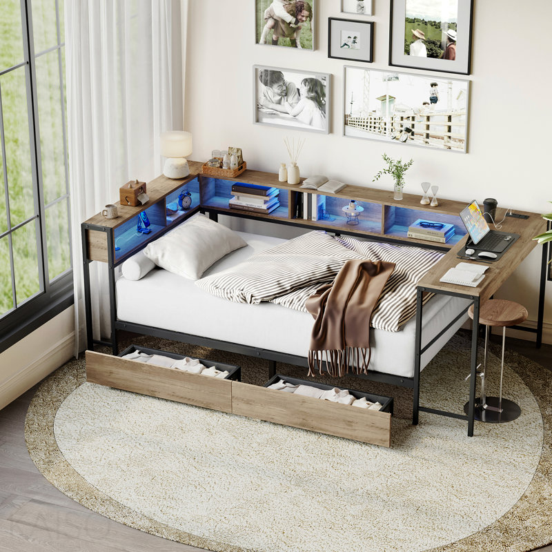 Corner Bed Frame Twin Size With Bookcase And 2 Underbed Storage Drawers, Modern Twin Bed With Led Light And Charging Station, Grey