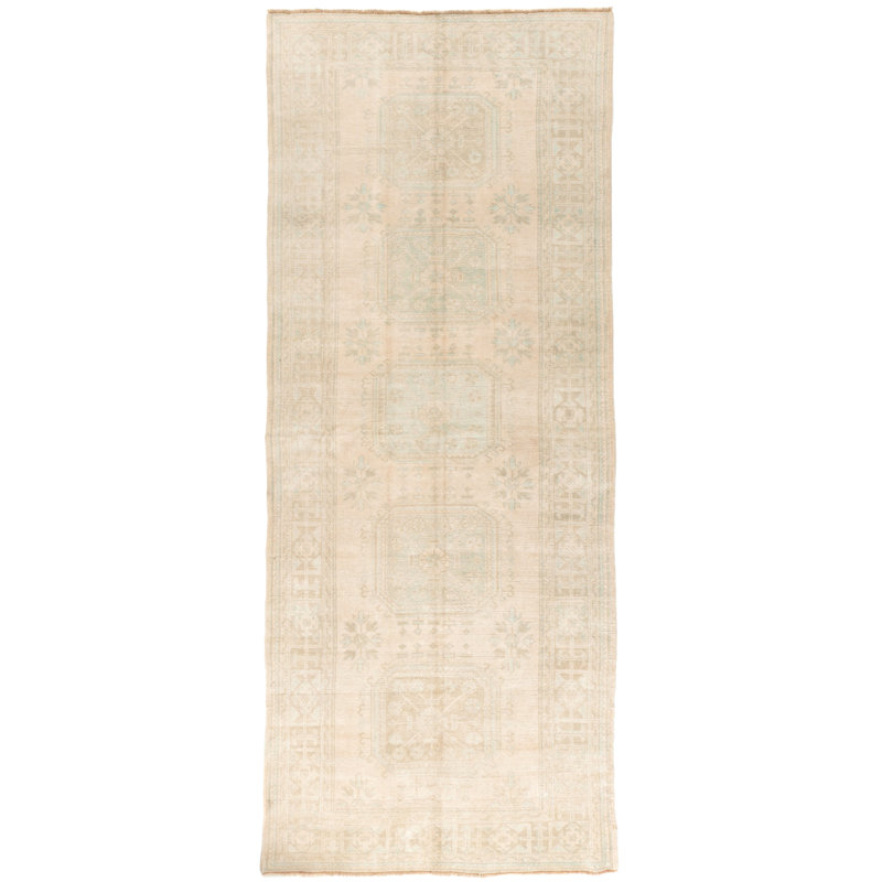 One-of-a-Kind Runner 4'7 X 11'3" 1940s Runner Wool Area Rug Beige/Light Blue/Gray