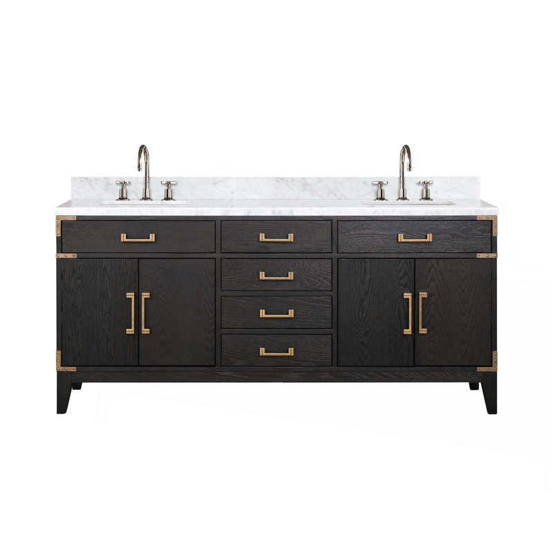 Ensemble de meuble-lavabo double, plateau en marbre de Carrare et robinet
