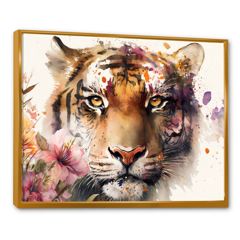 Portrait de tigre avec fleurs I - reproduction sur toile, H 30 po x l 40 po x P 1,5 po, Toile avec cadre flottant or