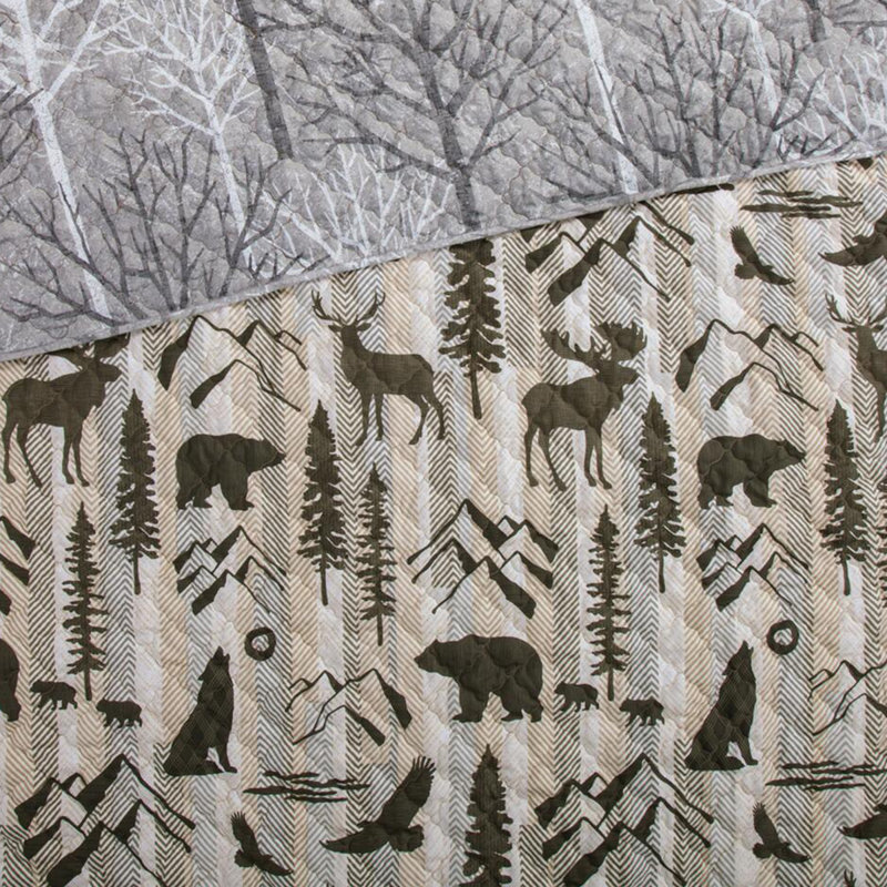 Gray Reversible King Microfiber Quilt Set with Wildlife Design