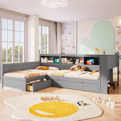 Lit plateforme simple en L avec lit gigogne, tiroir, tablettes de rangement, station de charge, structure en bois massif, gris