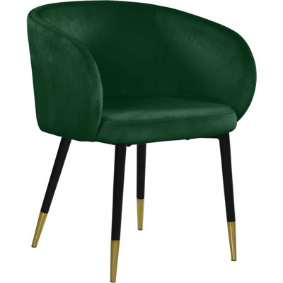 1pc Green Velvet Accent Chair with Gold Trim, Barrel Back Design, Dining Room Kitchen Side Chair
