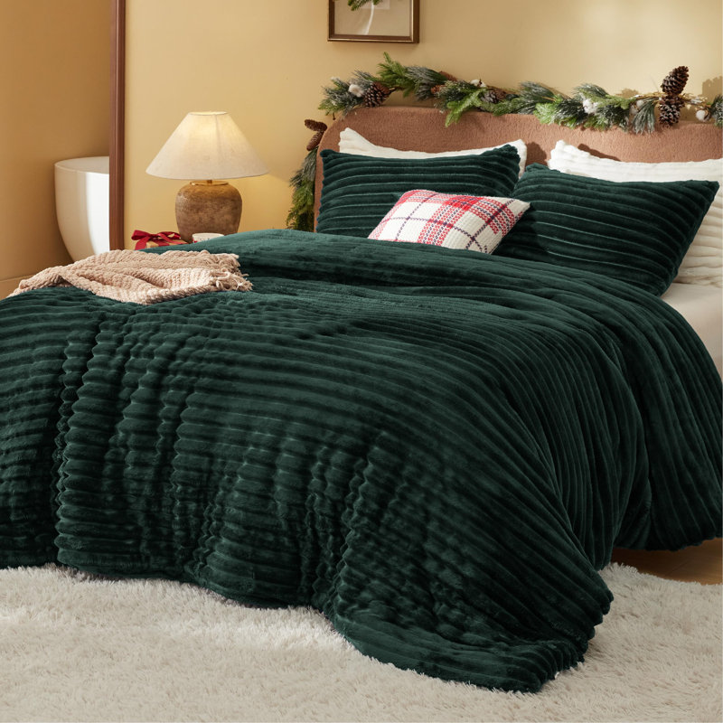 Ensembles d'édredon pour très grand lit - 3 pièces de literie en molleton moelleux émeraude, esthétique rayée confortable pour les chambres modernes et d'invités, décoration intérieure de luxe toutes saisons