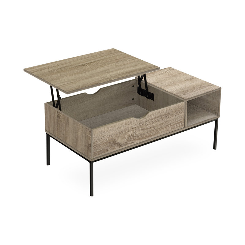 Table basse à plateau relevable de 42 po avec rangement, table de cocktail rectangulaire, finition bois taupe foncé