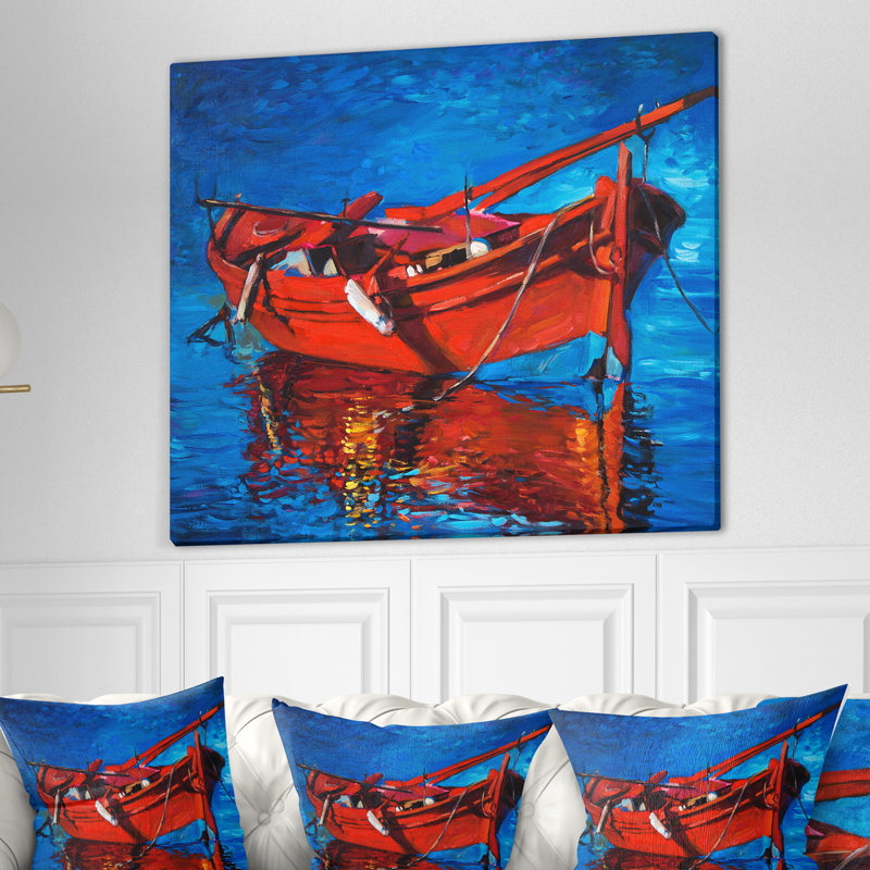 « red bateau over the ocean », peinture, H 30 po x l 40 po x P 1,5 po, Toile tendue