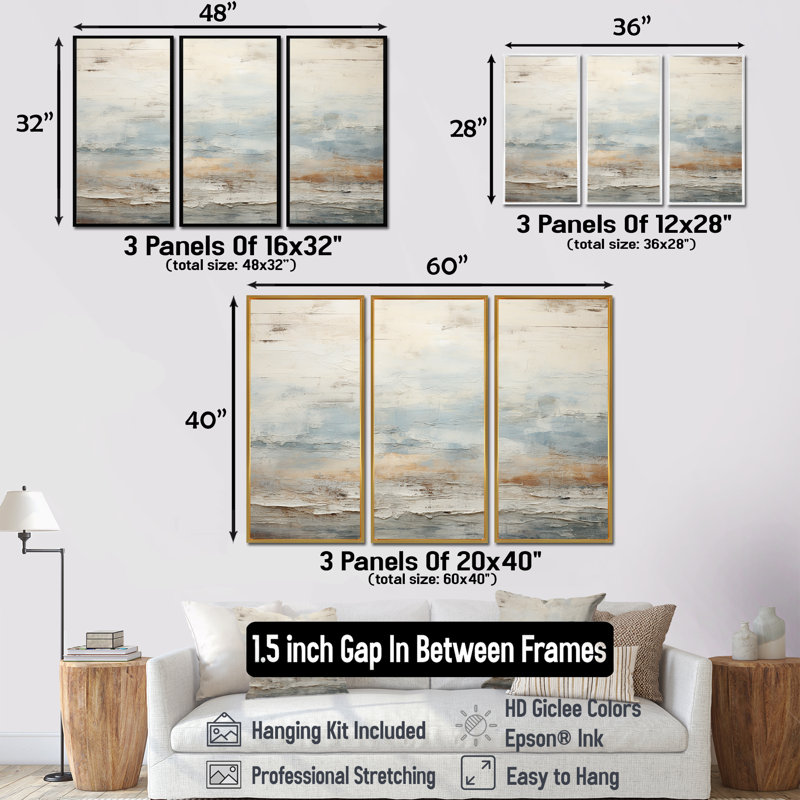 «Beige Blue Ocean Storm», ensemble d'art mural formes abstraites, H 40 po x l 60 po x P 1 po, Cadre flottant brun