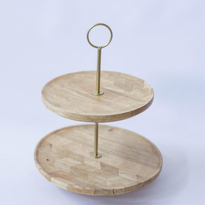 Plateau rond en bois à deux niveaux avec poignée en métal