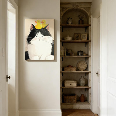 Funny Cat Rubber Ducks Print Canvas Wall Art，Solid Wood Frame Support,16" X 24" inch