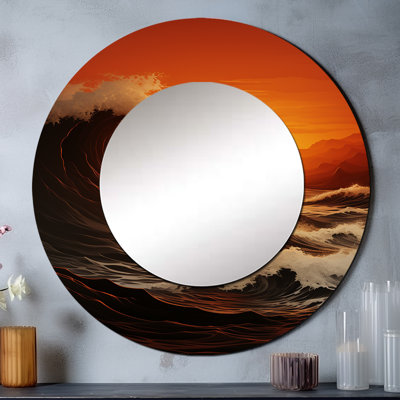 Vague colorée, merveille grise et jaune - grand miroir mural côtier, miroir rond unique côtier, reproduction d'art en métal