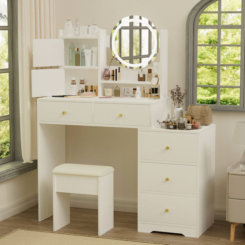 Meuble-lavabo moderne blanc avec miroir et tablettes - 5 tiroirs et plus, rangement spacieux à DEL blanc, éclairage 3 couleurs, rangement, mobilier de chambre à coucher