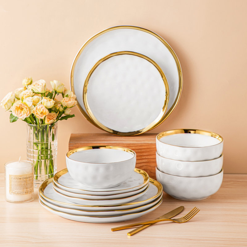Aiyden 12 Piece Ceramic Dinnerware Set - Service for 4, White/Gold