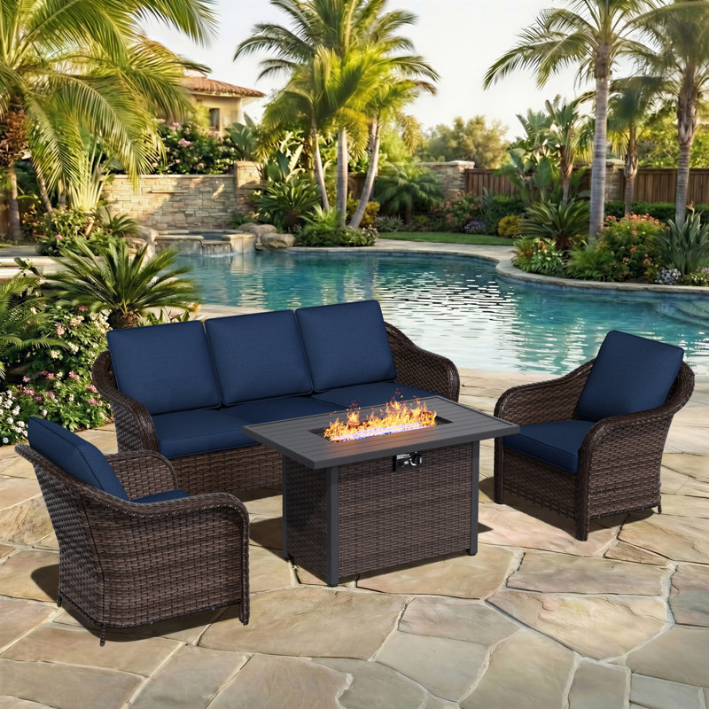 Alderwood 5-Piece PE Wicker Patio Set with Loveseat, Chairs, Ottomans & Beige Cushions, Dark Blue