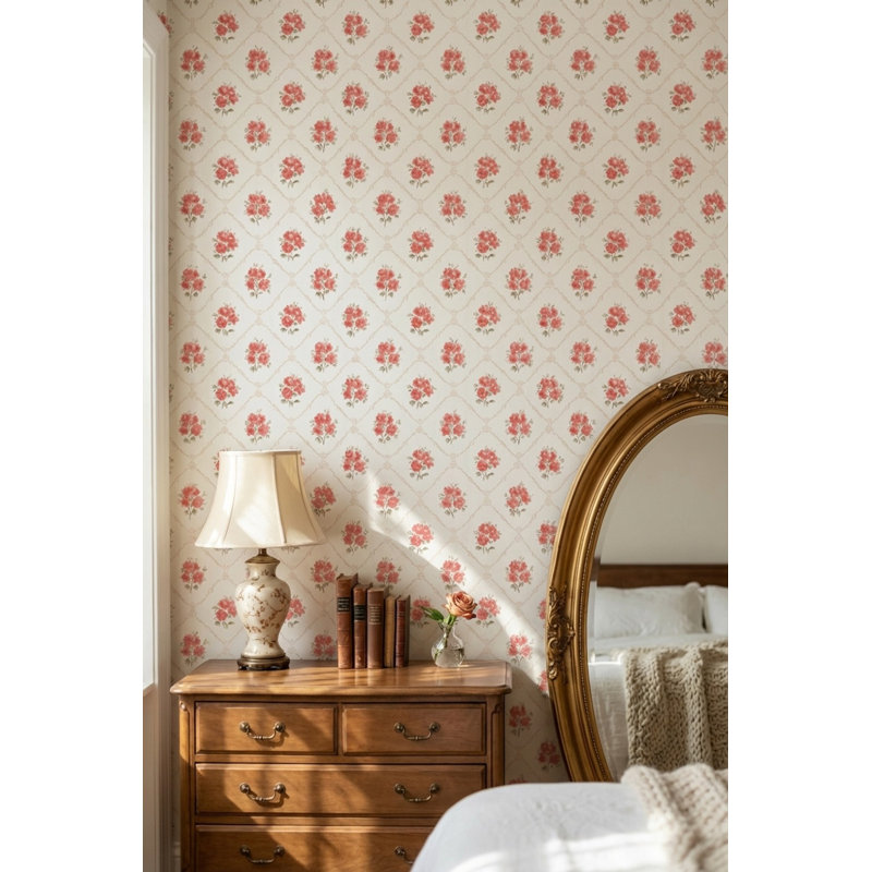 Papier peint floral rétro damas rouge, Peler et coller