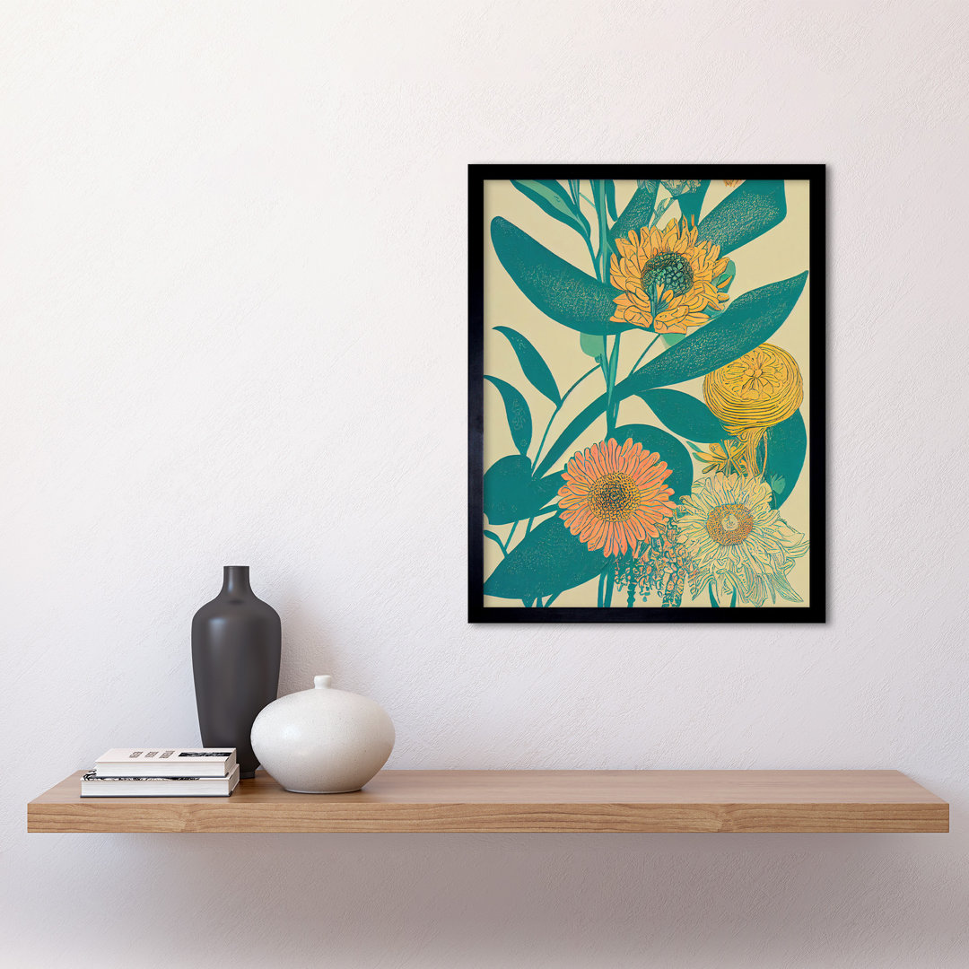 Marigold Daisy Flowers Turquoise Leaves - Single Picture Frame Print