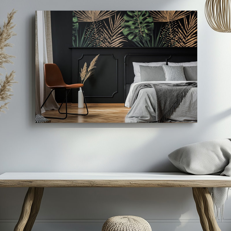 Toile, une chambre à coucher moderne avec un mur noir frappant orné d'art mural complexe en or métallique et vert foncé