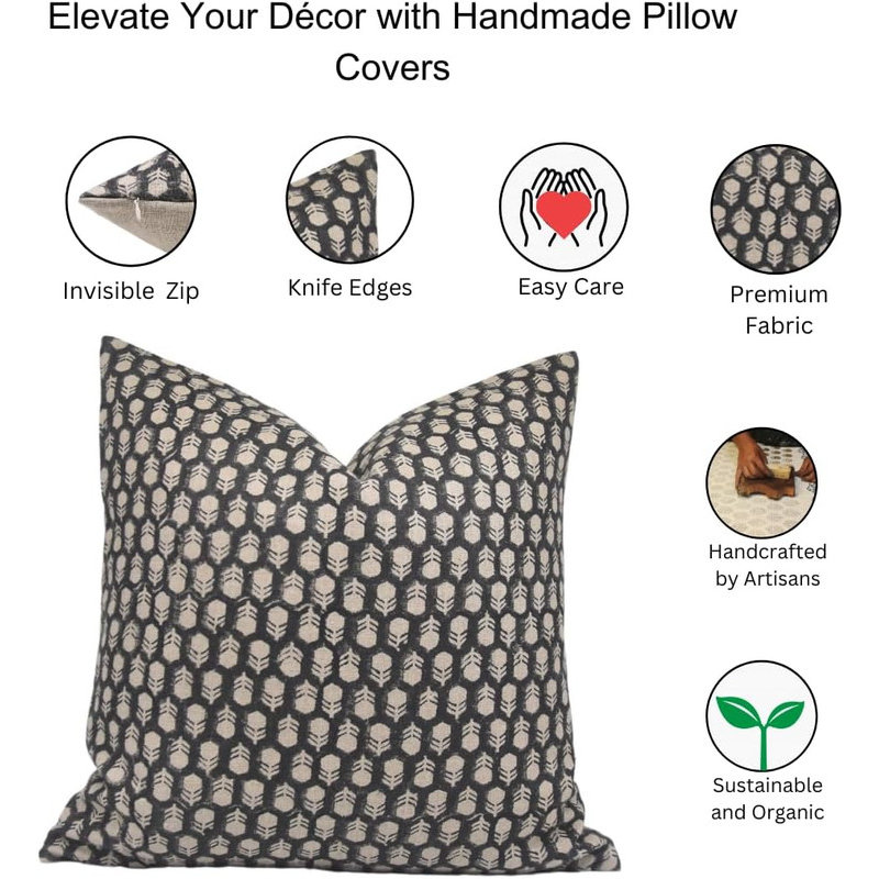 Block Print Throw Pillow Cover DTBLKTLSquare, Black/White Floral 2, 22" x 22", Square