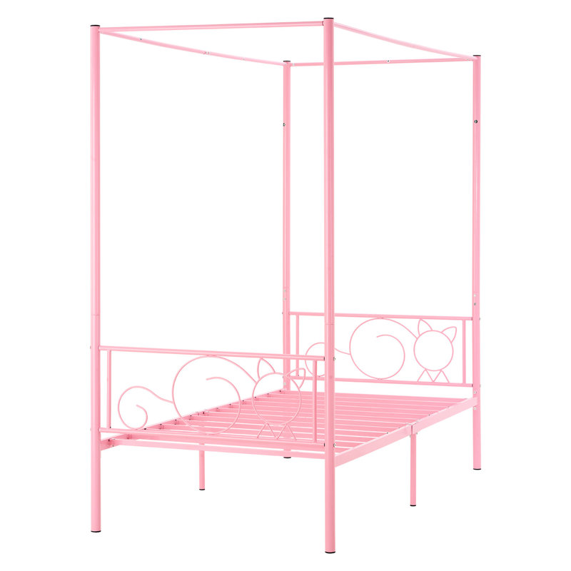 Cadre de lit à baldaquin simple en acier rose, tête de lit, conception à quatre colonnes, 12,4 po pour rangement, lattes, lit en métal facile à assembler, affiches, espace de rangement, structure renforcée, joints antibruit, installation rapide