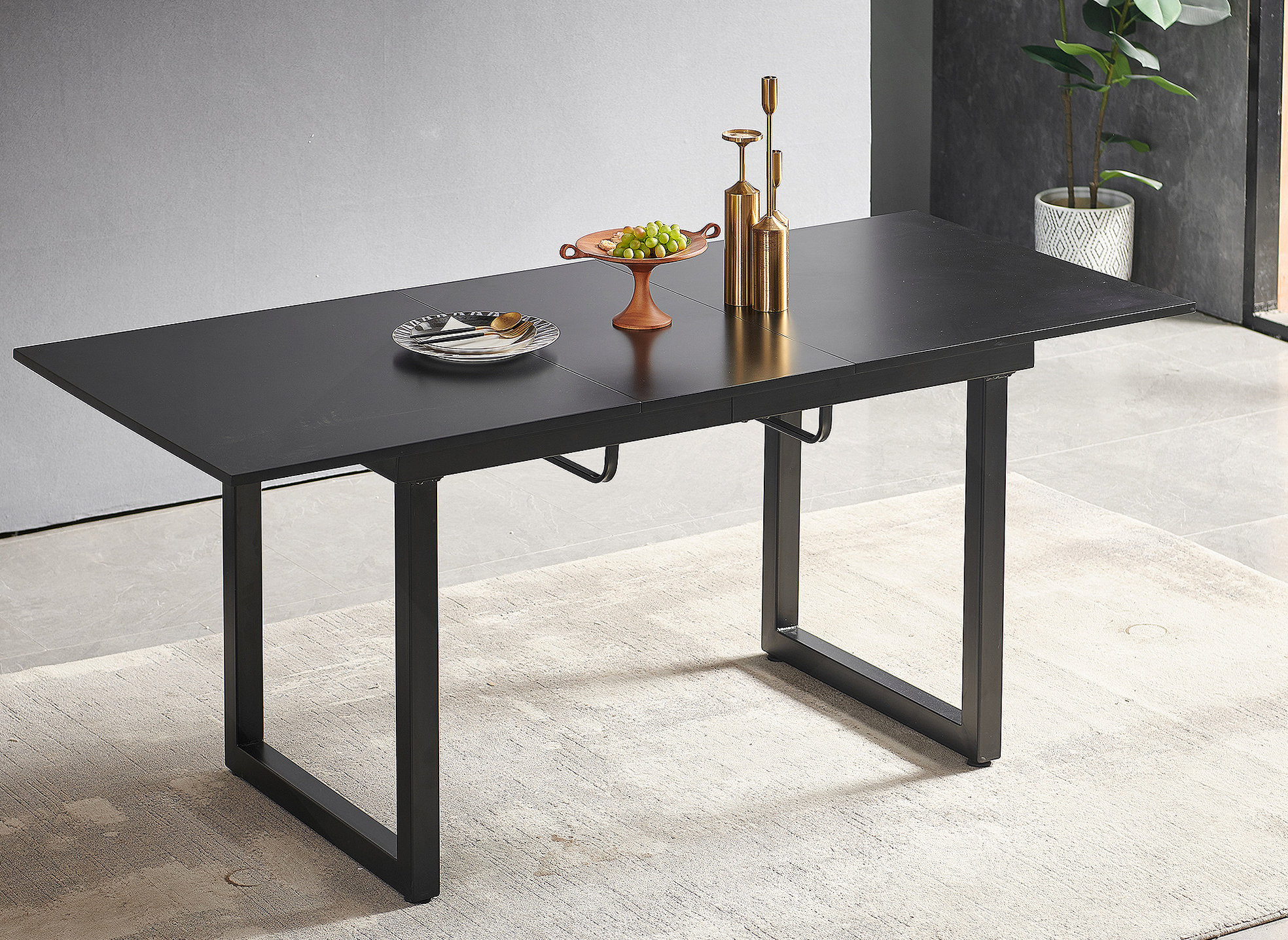 Latitude Run® black color,Square Extendable Dining Table with metal leg,Modern Space Saving ...
