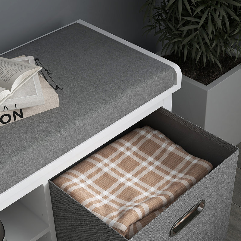 Banc à chaussures avec coussin, banc de rangement pour entrée avec siège rembourré, 2 tiroirs et tablette réglable pour le couloir, le salon, la chambre à coucher, blanc