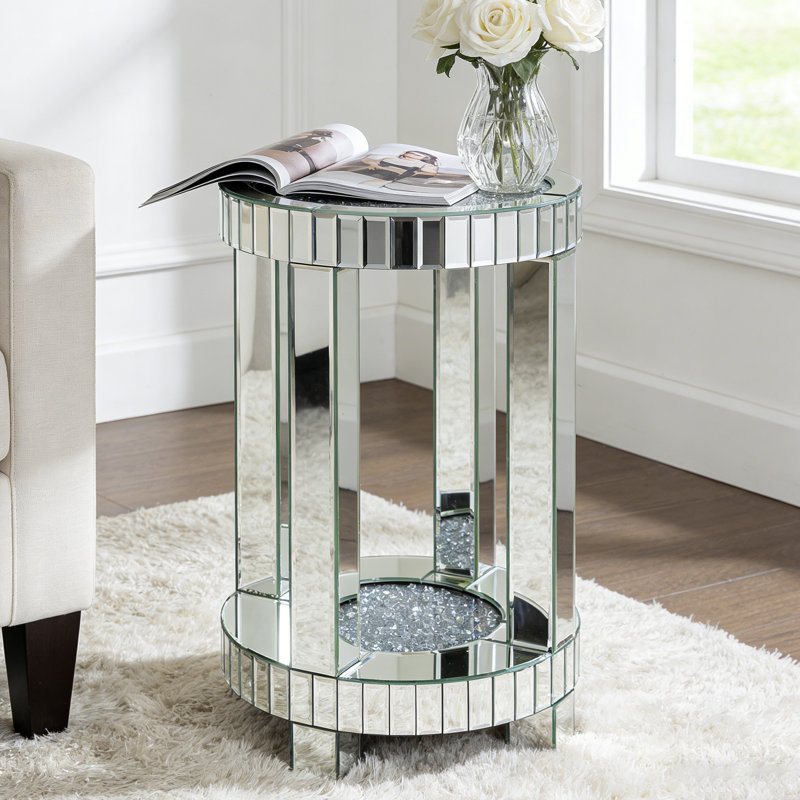 Amla 22'' Tall Mirrored Round Frame End Table with Storage